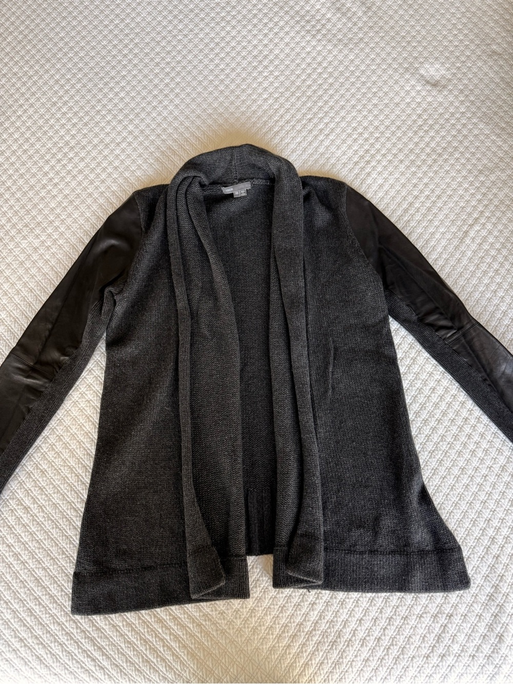 Black Open-Front Women’s Sweater Cardigan with Leather-Trim Sleeves